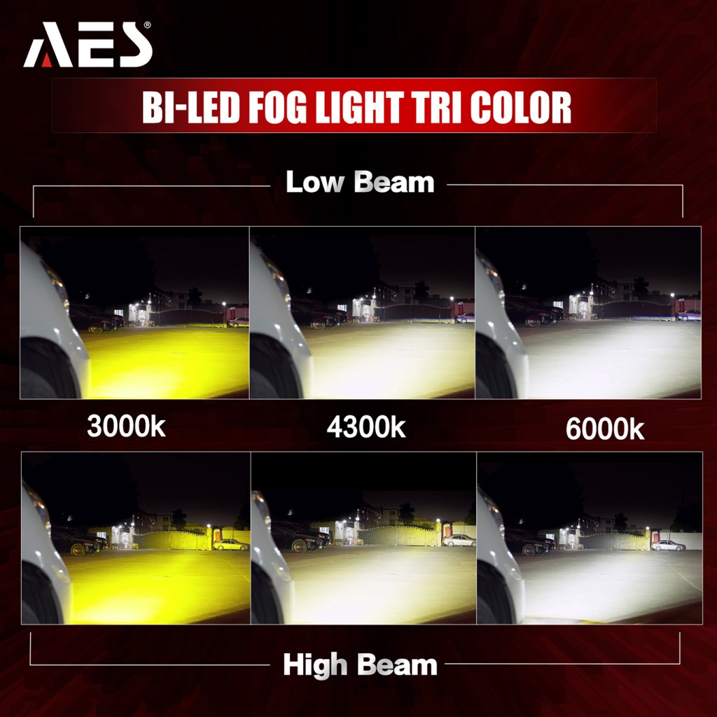 AES bi-LED fog light projector tri-color comparison at 3000K, 4300K, 6000K