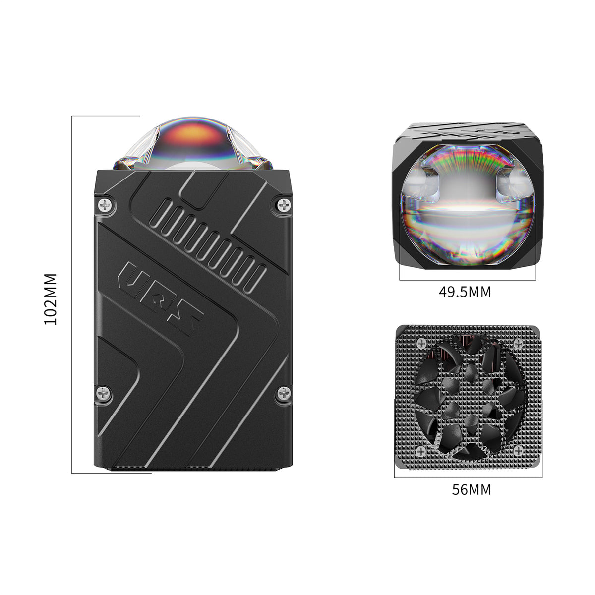 AES Matrix SQ800 Dual Laser Bi-LED projector dimensions - 102mm x 56mm x 49.5mm