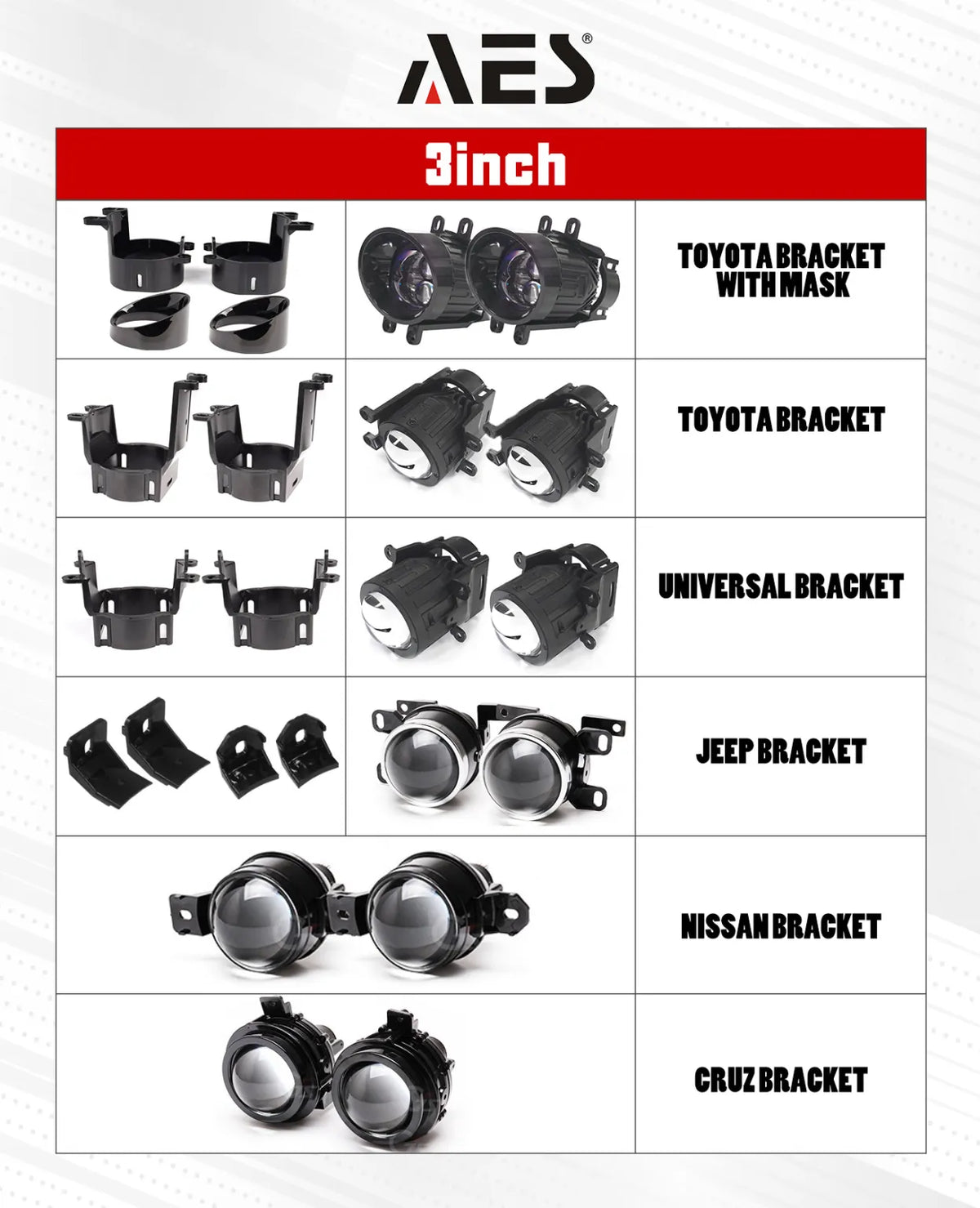 AES FX-3 dual reflector fog lamp bracket compatibility chart for Toyota, Universal, Jeep, and Nissan brackets