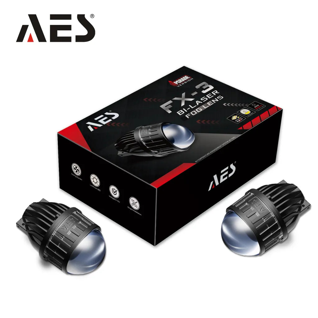 AES FX-3 50W 65W fog light retail packaging with pair of units