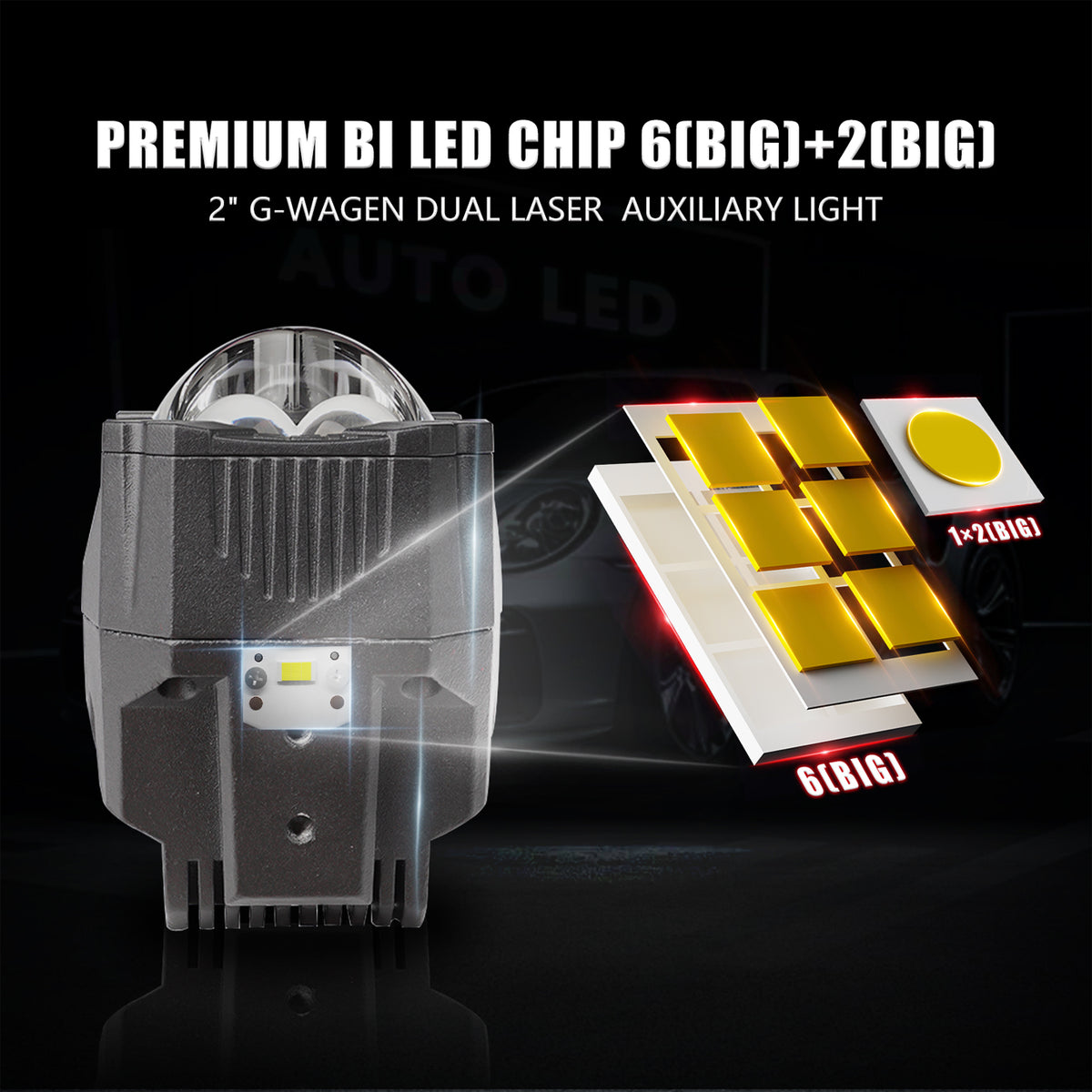 Premium Bi-LED chip 6+2 configuration used in G-Wagen 2 inch dual laser auxiliary light