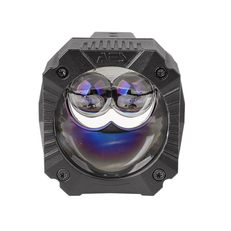 Close-up of AES G-Wagen 2 inch dual laser lens with iridescent coating