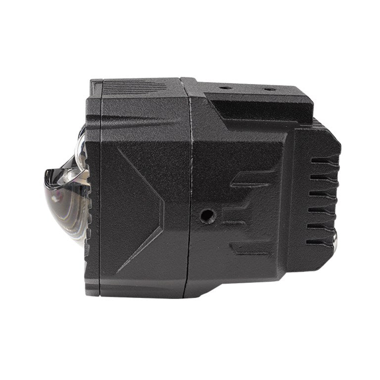 Side profile view of AES G-Wagen 2 inch Dual Laser Bi-LED auxiliary light housing and mounting bracket