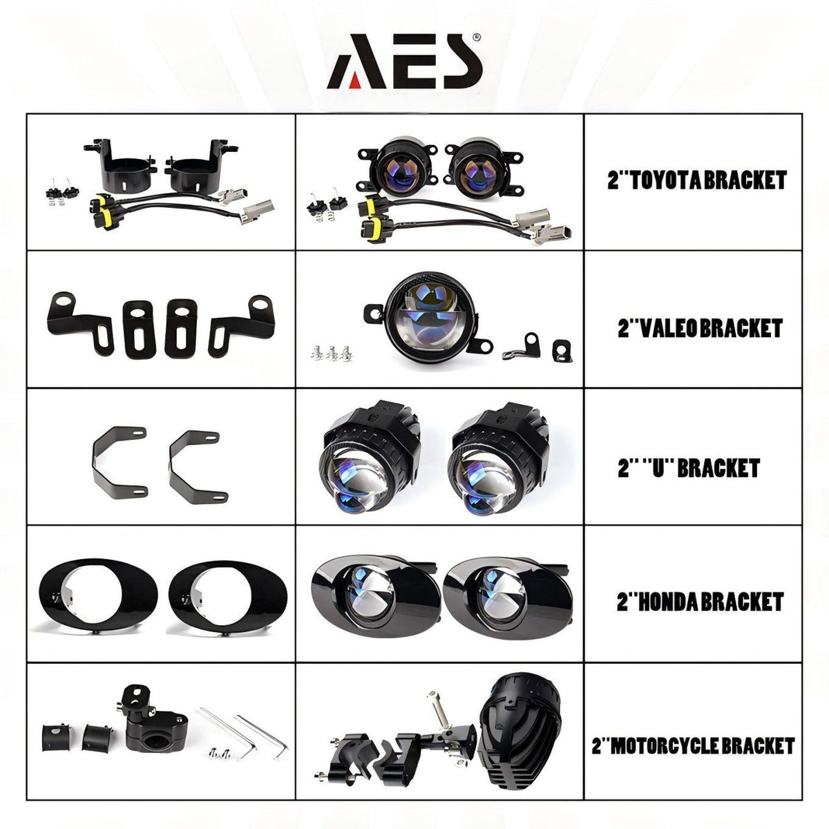 AES Q2M 2 inch fog lens bracket compatibility chart