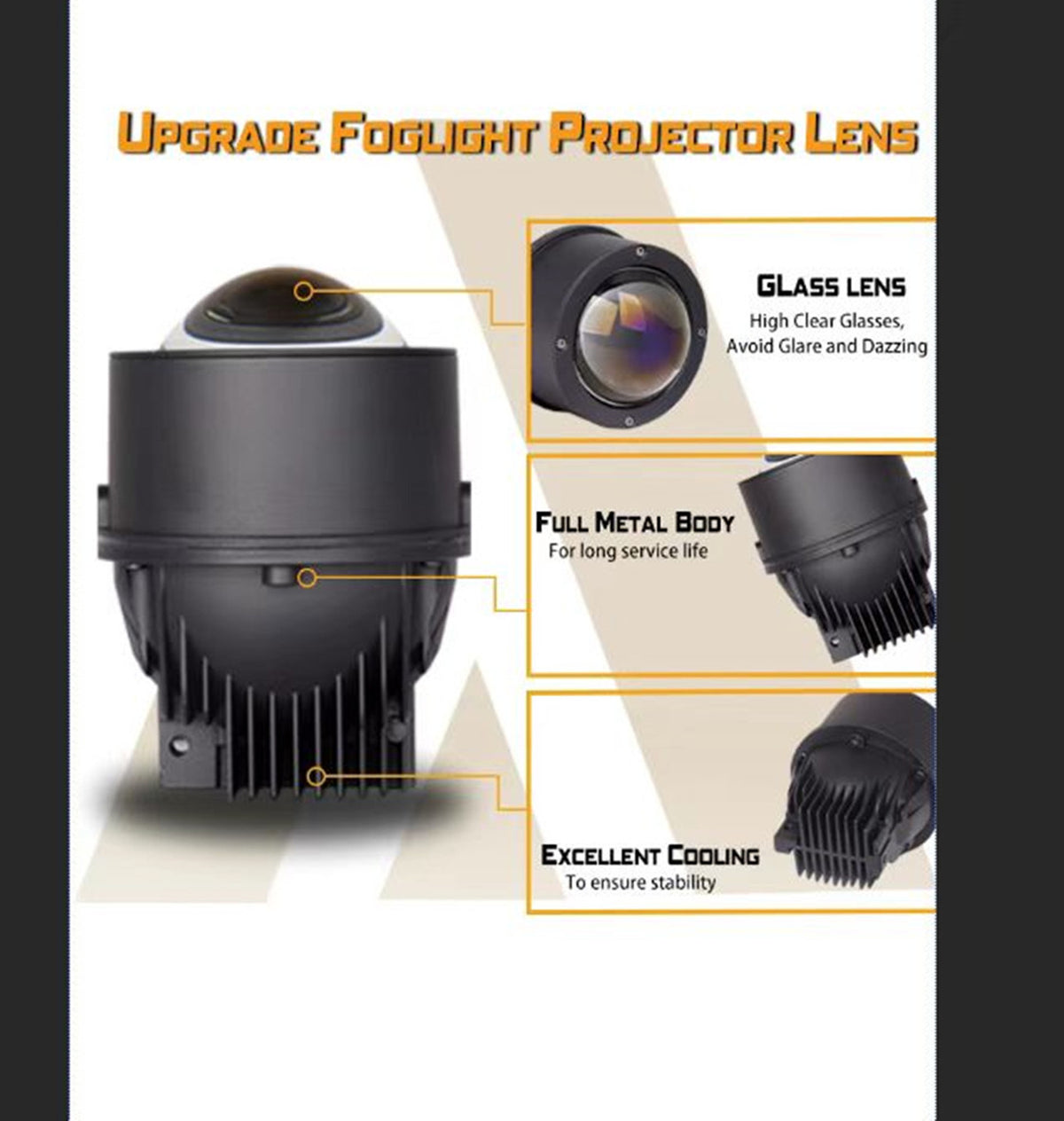 AES Q8 3 inch foglight projector lens glass and metal body features