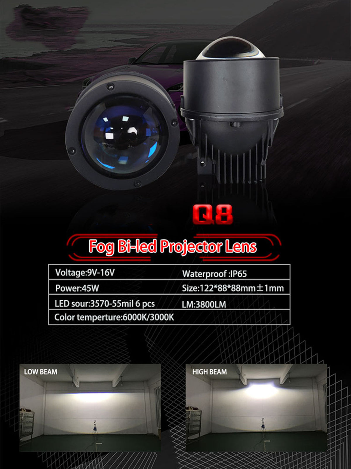 AES Q8 3 inch fog light projector specifications with low and high beam