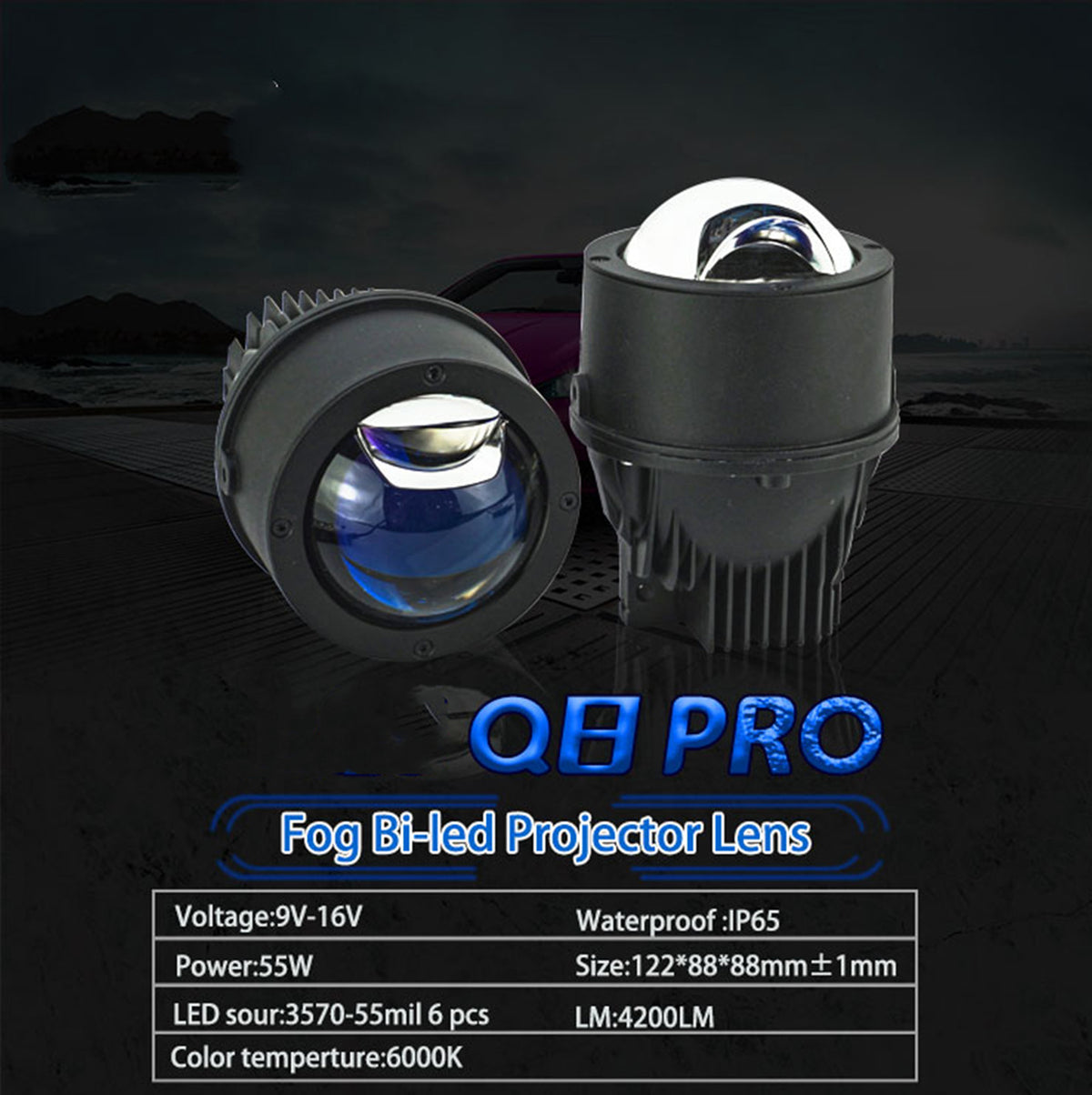 AES Q8 Pro fog bi-LED projector lens specifications sheet