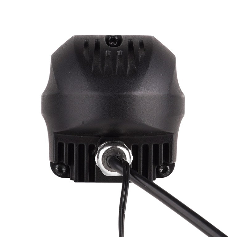 Rear view of Warrior-2 1.5 inch Bi-LED auxiliary light showing heatsink and wiring connector