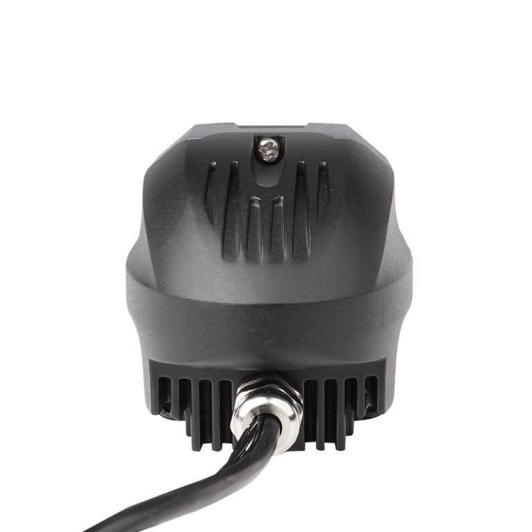Rear view of Warrior-2 1.5 inch Bi-LED auxiliary light showing heatsink and wiring connector